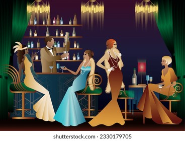 Die Leute haben Spaß, sitzen und trinken, Retro-Party. Fröhliche Freunde, Leute auf einem Partyvektorkonzept. Bartender an der Bar