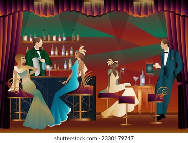 People have fun, sit and drink, retro party. Happy friends, people on a party vector concept. bartender standing at the bar