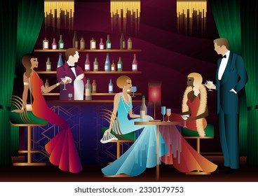 People have fun, sit and drink, retro party. Happy friends, people on a party vector concept. bartender standing at the bar