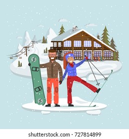 People have fun in the ski resort.Hotel in the mountains. Vector illustration flat