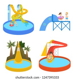 People have fun in the water park set. Summer vacation and entertainment on waterslide. Extreme leisure. Isolated vector illustration in cartoon style