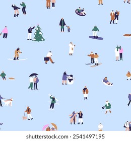 People have fun in winter holidays repeatable pattern. Happy friends, couples ski, play snowballs, walk outdoors. Endless background with wintertime activities. Flat seamless vector illustration