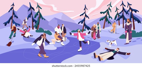 People have fun in winter outdoor panorama. Happy kids on holiday activities with sleigh on snow hill. Men and women skating on frozen river, skiing, walking around firtrees. Flat vector illustration