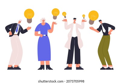 La gente tiene ideas, buenas ideas para compartir, conocimiento colaborativo. Generación de ideas de negocio, personajes compartiendo ideas ilustraciones vectoriales. Compartir ideas creativas. Trabajo en equipo personal con solución