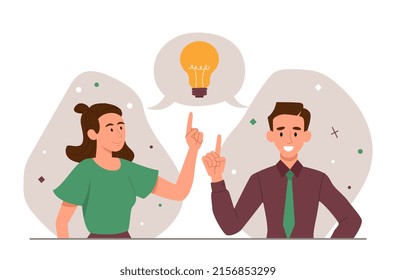 People Have Idea. Man And Woman Discussing Plan, Brainstorming And Critique. Creative Characters In Office Work On Same Project, Cooperation And Partnership. Cartoon Flat Vector Illustration