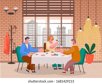 People have lunch or dinner in restaurant or at home. Friends spending time together with wine and food in cafe. Homelike interior, big window with beautiful cityscape. Vector illustration in flat