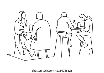 People Have Lunch In A Street Cafe Continuous One Line Drawing. Friends Talk And Drink At The Bar Contour Vector Illustration. Lunch Break