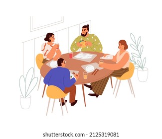 People have meal, business lunch at table in canteen. Colleagues friends sit together in dining room, eating and talking. Men and women at dinner. Flat vector illustration isolated on white background