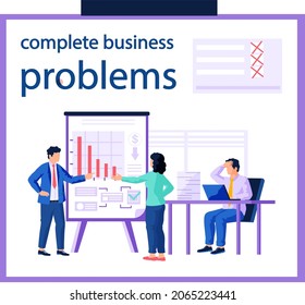 People have meeting about economic problems of company. Teamwork with diagram analysis. Colleagues discussing business issues. Businesspeople struggling with bankruptcy, declining indicators of profit