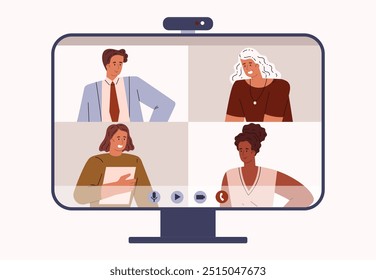 As pessoas têm reuniões de negócios on-line no monitor. Vídeo remoto de conversa corporativa, teleconferência via Internet. Ilustração vetorial de conferência de negócios à distância, trabalho em equipe on-line comunicação virtual