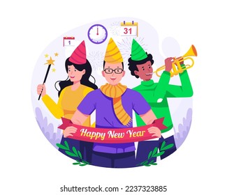 People have a party together to Celebrate New Year's eve. Man blows the trumpet, Woman sets off fireworks. Vector illustration in flat style