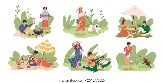 People have a picnic in different ways. Vector drawing with a summer vacation in nature. People walk, play with the dog, fry sausages, eat and have fun