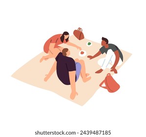 People have picnic at nature, eating food, snacks on blanket. Friends spend summer time on sand beach together. Happy family relax on outdoor at holidays. Flat isolated vector illustration on white