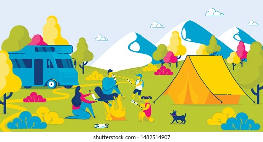 People Have Picnic Outside. Family Camping. Roasting Marshmallow on Fire. Relaxing near Bonfire. Landscape, Mountain Peaks. Mother, Father and Kids Hiking to Forest. Summer Vacation. Vector