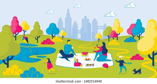 People Have Picnic Outside. Family Together in City Park. Parents Have Lunch. Daughter Playing Kite. Son Playing with Dog. Mother, Father and Children. Summer Vacation, Landscape. Vector