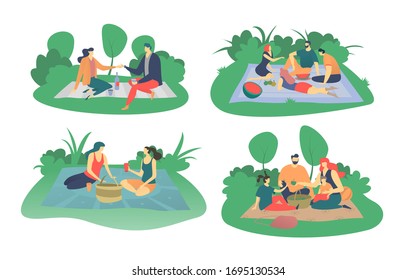 People have picnic in park, vector illustration isolated on white, flat style. Happy family with kids or group of friends sits on green grass, eats and drinks on picnic, spend summer weekend outdoors.