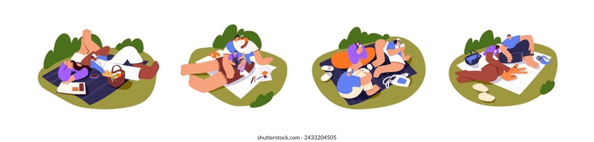 People have a picnic set. Happy family relaxes in nature. Couple spends time together outdoor. Friends lying on blanket on grass, play, fun in summer park. Flat isolated vector illustration on white