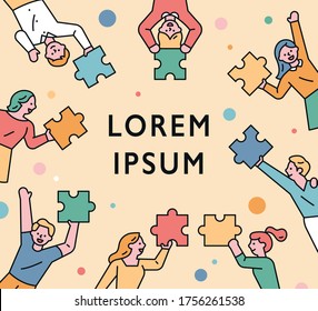 People have puzzle pieces in their hands and are floating in the air. There is a space for text in the middle. flat design style minimal vector illustration.