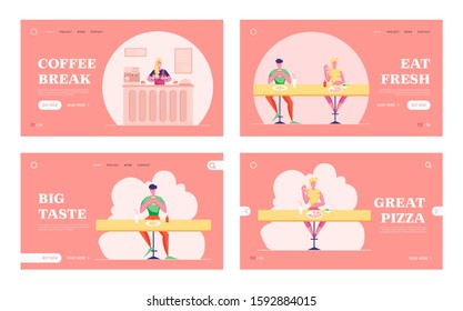 People Have Relaxing Meal Time in Fastfood Cafeteria Website Landing Page Set. Young Man and Woman Sitting at Fat Food Cafe Having Coffee Break Meal Web Page Banner. Cartoon Flat Vector Illustration