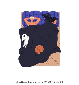 People have a rest, nap top view. Couple and cats sleep in bed together. Boyfriend suffers from insomnia while asleep girl relaxes on pillow. Flat isolated vector illustration on white background