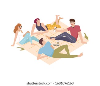 People have a rest and outdoor picnic. Company of friends or colleagues spend lunchtime on the lawn of a park or in nature, drink coffee and talk. Flat Art Vector Illustration