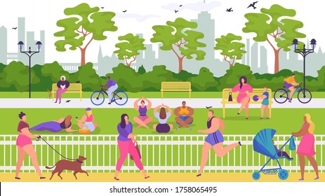 La gente descansa en un parque, en una ilustración vectorial. Actividad exterior plana en la naturaleza, estilo de vida deportivo con dibujos animados y paisaje de verano. Caminando el personaje de la mujer, hacer picnic y sentarse en el banco.
