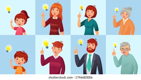 People have solution, ideas lamp bulb metaphor. Girl and boy, teenagers, male and female office workers brainstorming, generating ideas. Old grandfather and grandmother vector illustration