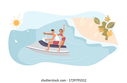 People have summer vacation on sea. A young man and woman race on aquabike. Flat Art Vector Illustration