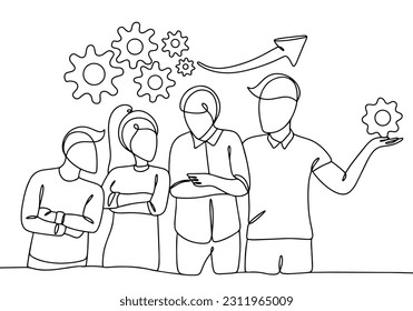 People have united efforts for the best achievement of result. Productivity growth. International Day of Cooperatives. One line drawing for different uses. Vector illustration.