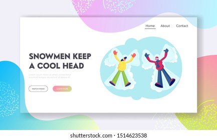 People Have Wintertime Fun Website Landing Page. Young Woman and Man Wearing Warm Clothes Lying on Ground Making Snow Angel. Winter Time Holidays Web Page Banner. Cartoon Flat Vector Illustration