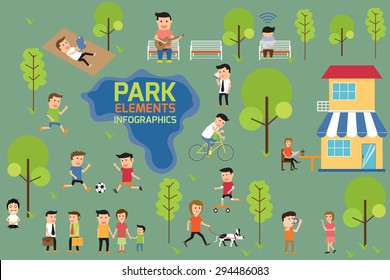 People having activities and rest in the park infographics vector illustration.