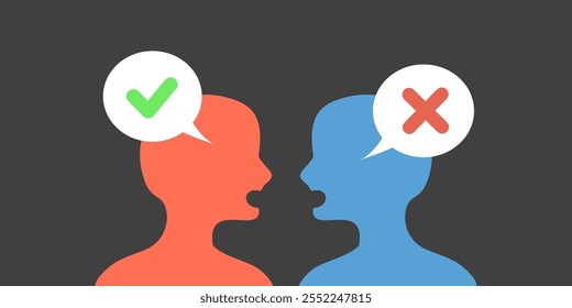 Pessoas tendo argumentos, conflito. Sim ou não. Comunicação, problema, solução de resolução, desafio, conceitos de relacionamento. Ilustração isolada do design do vetor de caracteres de pessoas planas.