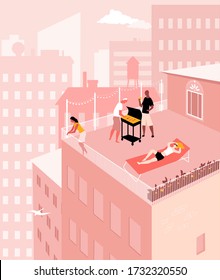 People having a barbecue party on a rooftop terrace in a city in summer, EPS 8 vector illustration