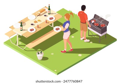 People having a BBQ picnic with a grill and a picnic table on a lawn. Isometric art style. Outdoor setting. Concept of summer outdoor meal. Vector illustration