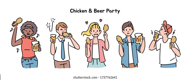 People are having a beer and chicken party. hand drawn style vector design illustrations. 