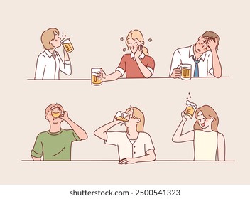 Die Leute trinken ein Bier. Betrunkene Menschen mit Bier. Handgezeichnete Vektordesign-Illustrationen.