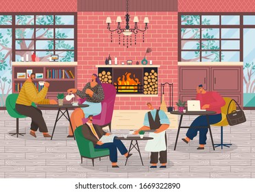 People having breakfast, lunch or break in restaurant. Couple and businessman drink coffee. Waiter bring order for man with newspaper. Luxury interior, big windows and fireplace. Vector illustration