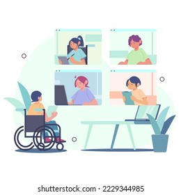 people having a business meeting. virtual meetings with various races and people with disabilities. Vector Flat Illustration.-Sauqi flat cartoon vector illustration