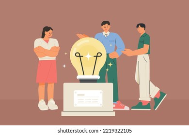 Die Leute unterhalten sich mit einer Glühbirnen-Trophäe in der Mitte, die eine erfolgreiche Idee darstellt. flache Vektorgrafik.