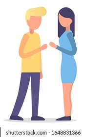 People having conversation, man and woman talking. Male and female characters chatting. Isolated couple on date or coworkers discussing working tasks and problems at job. Vector illustration in flat