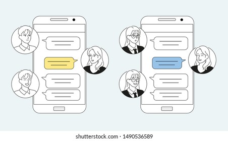 People having a conversation with mobile messages. hand drawn style vector design illustrations. 