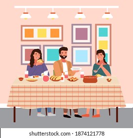 People are having dinner in the colorful restaurant. Characters eating mexican cuisine dishes. Dining table with tacos and burritos. Arrangement of furniture. Family with mexican food on the table