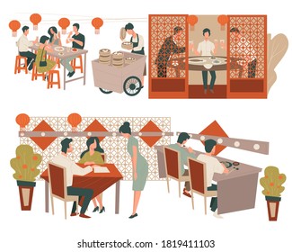 People having dinner, lunch or breakfast seafood in chinese restaurant. Customers and workers of diner or cafe. Furniture and decoration of cafe, paper lanterns above tables, vector in flat style