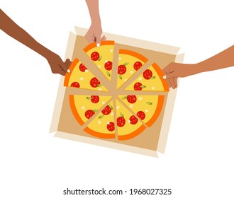 People having dinner together and sharing a huge pizza , hands top view. Vector illustration.