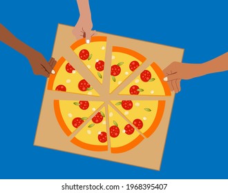 People having dinner together and sharing a huge pizza , hands top view. Vector illustration.
