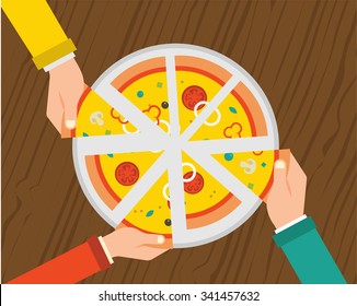 People having  dinner together and sharing a huge pizza , hands top view