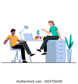 La gente está teniendo discusiones durante los descansos de oficina, trabajo de oficina. Ilustración del vector de concepto de negocio
