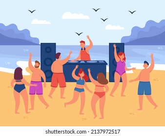 People having dj party on beach flat vector illustration. Happy men and women in swimsuit dancing near ocean, listening music, spending summer time together, having fun in tropics. Friendship concept