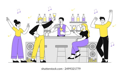 People having fun in bar. Men and women dance in pub with alcoholic drinks in hands. Party and event celebration. Friends with alcohol. Linear vector illustration isolated on white background