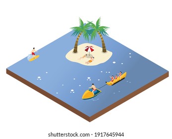 People having fun at beach isometric 3d vector concept for banner, website, illustration, landing page, flyer, etc.